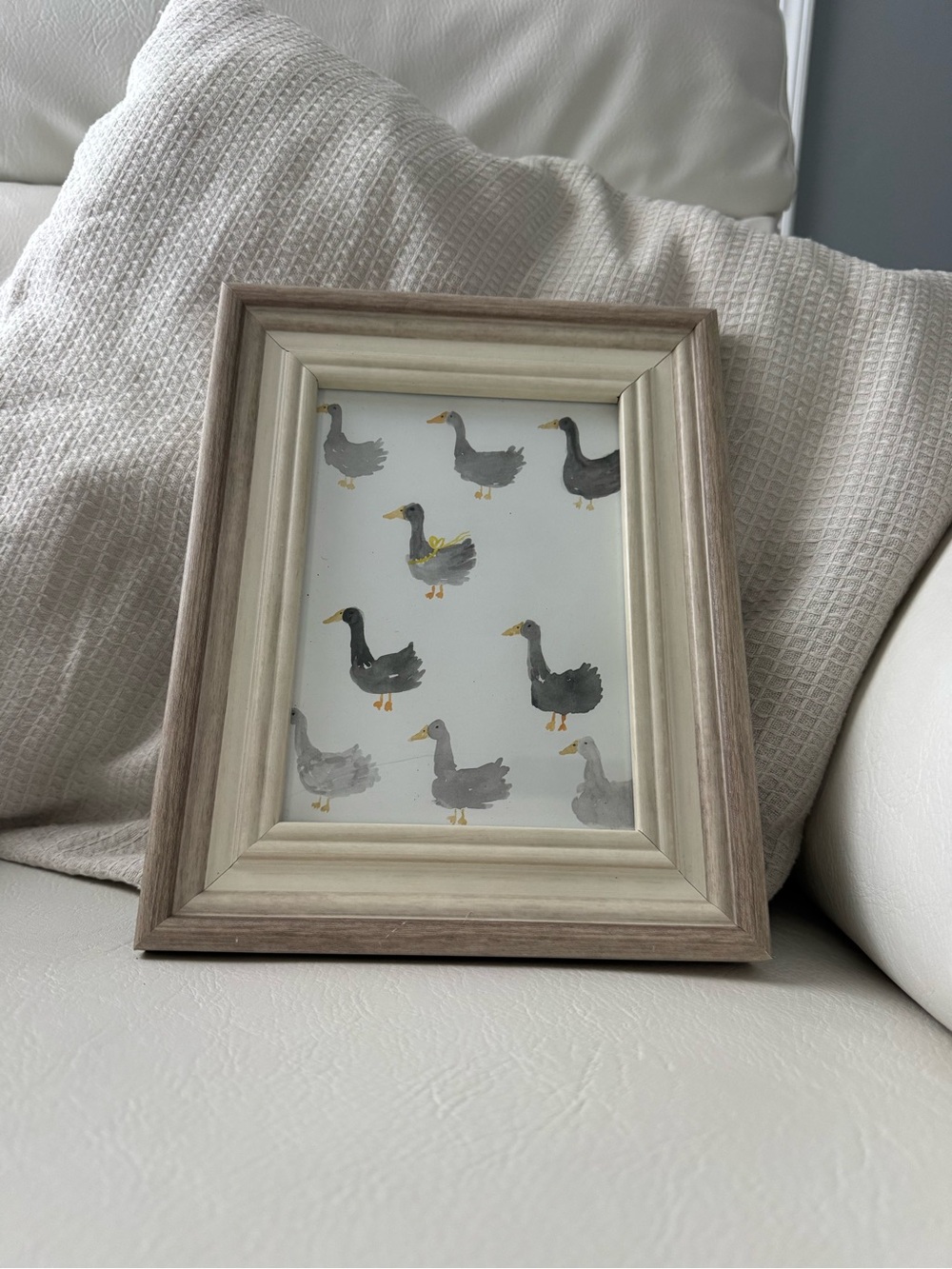 Hand-Painted Duck Pattern Art in Gray and Yellow